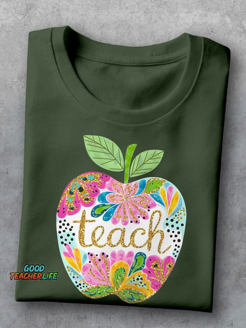 Floral Teach Apple Teacher Casual Print T-shirt