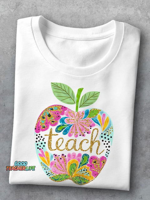 Floral Teach Apple Teacher Casual Print T-shirt