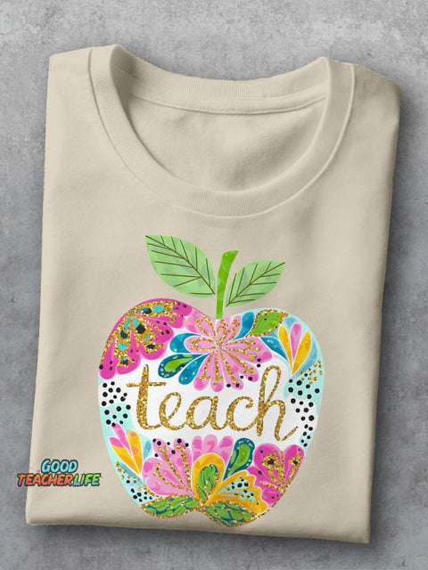Floral Teach Apple Teacher Casual Print T-shirt