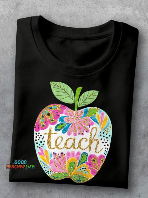 Floral Teach Apple Teacher Casual Print T-shirt