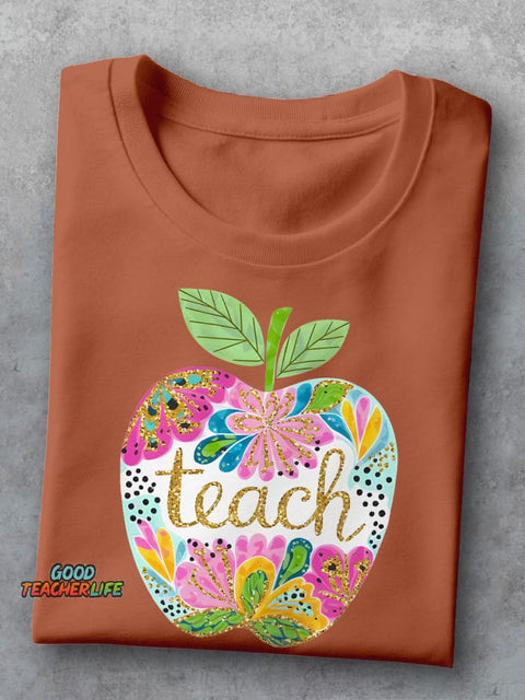 Floral Teach Apple Teacher Casual Print T-shirt