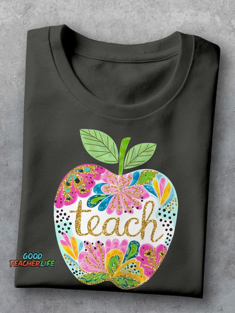 Floral Teach Apple Teacher Casual Print T-shirt