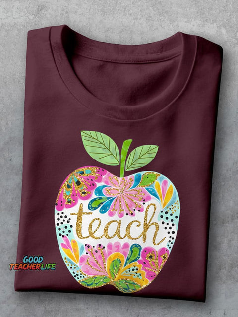Floral Teach Apple Teacher Casual Print T-shirt