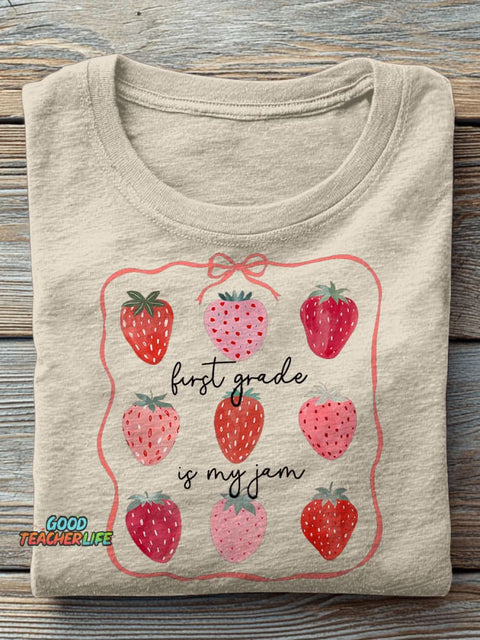 First Grade Teacher Strawberry Bow Teacher Casual Print T-shirt