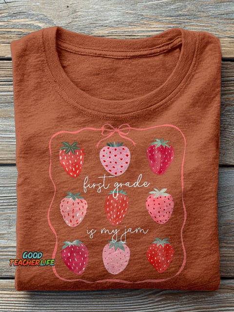 First Grade Teacher Strawberry Bow Teacher Casual Print T-shirt