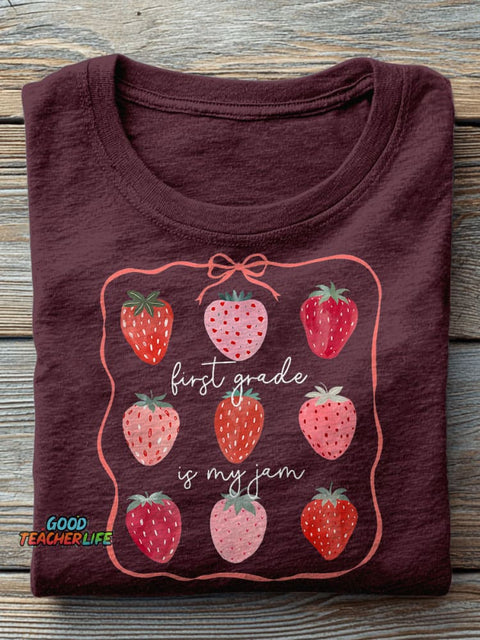 First Grade Teacher Strawberry Bow Teacher Casual Print T-shirt