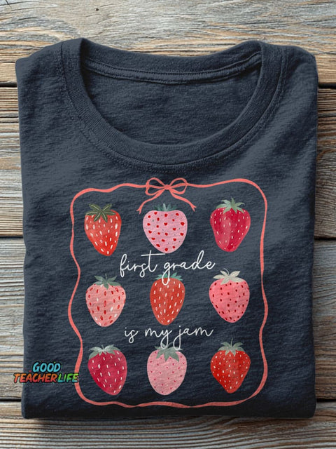 First Grade Teacher Strawberry Bow Teacher Casual Print T-shirt