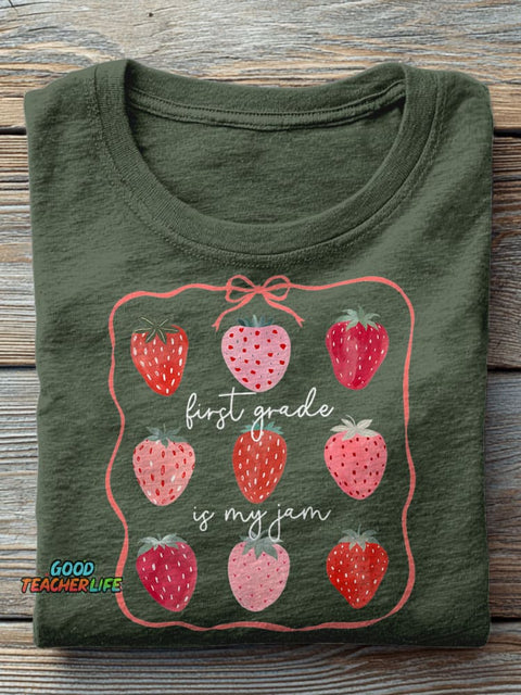 First Grade Teacher Strawberry Bow Teacher Casual Print T-shirt