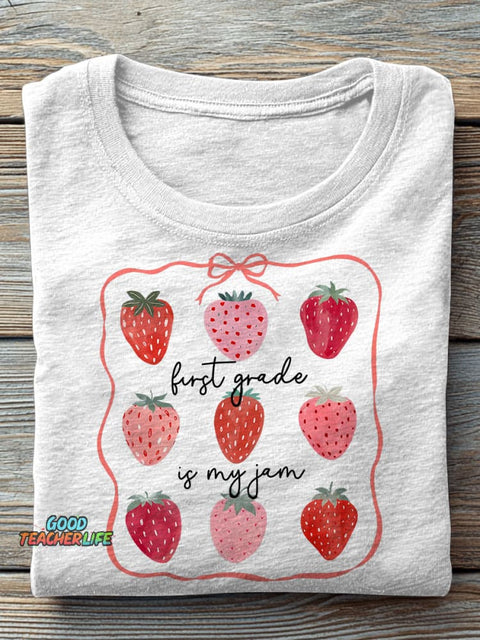 First Grade Teacher Strawberry Bow Teacher Casual Print T-shirt