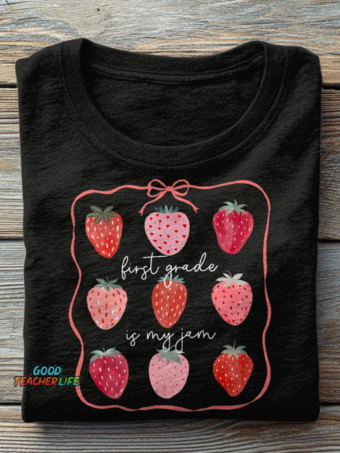 First Grade Teacher Strawberry Bow Teacher Casual Print T-shirt