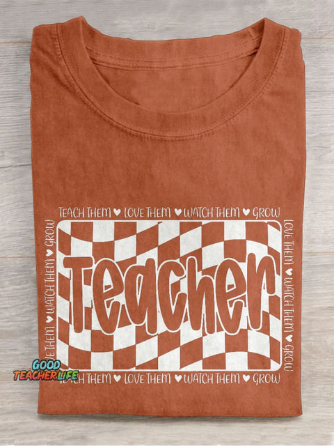 Retro Teacher Appreciation Checkered Casual Print T-shirt