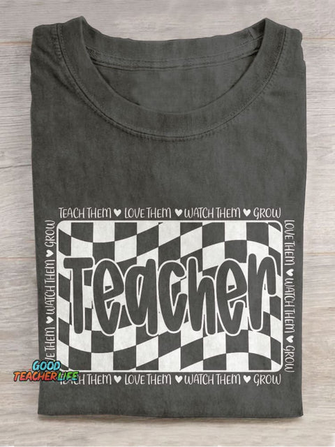 Retro Teacher Appreciation Checkered Casual Print T-shirt