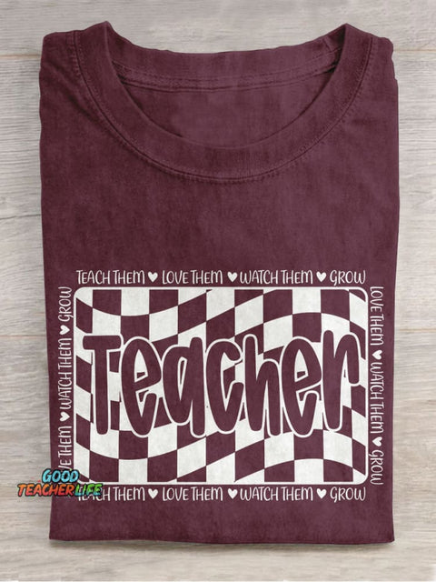 Retro Teacher Appreciation Checkered Casual Print T-shirt