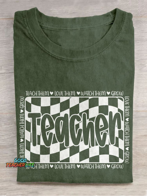 Retro Teacher Appreciation Checkered Casual Print T-shirt