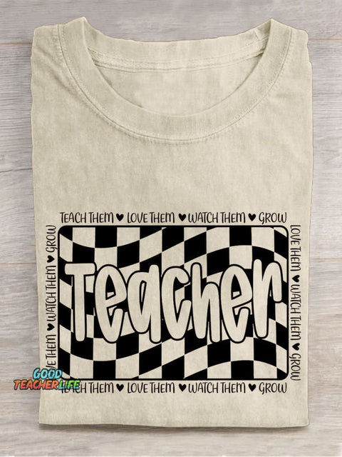 Retro Teacher Appreciation Checkered Casual Print T-shirt