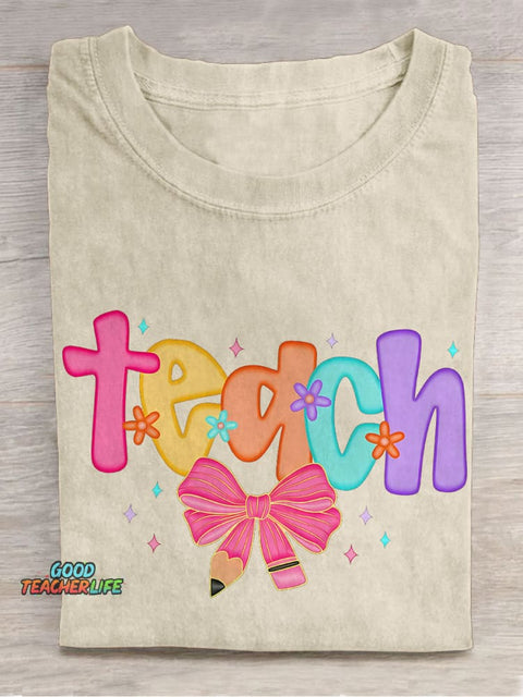 Preppy Teach Coquette Floral Teacher Casual Print T-shirt