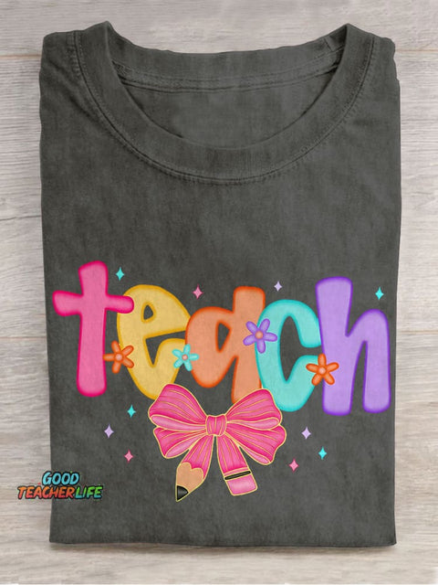 Preppy Teach Coquette Floral Teacher Casual Print T-shirt