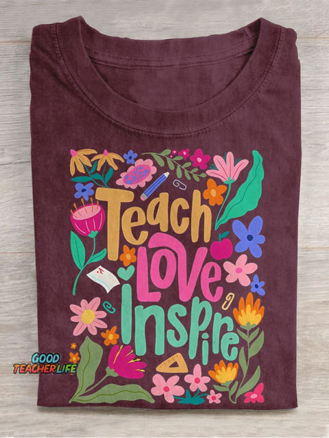 Teach Love Inspire Boho Teacher Floral Casual Print T-shirt