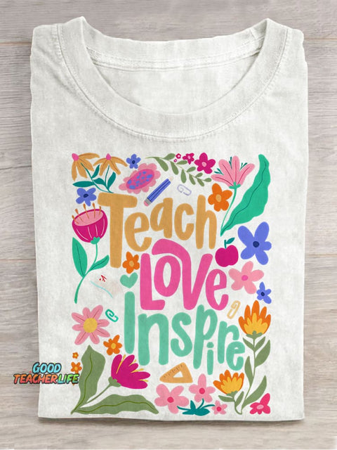 Teach Love Inspire Boho Teacher Floral Casual Print T-shirt