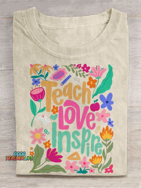 Teach Love Inspire Boho Teacher Floral Casual Print T-shirt