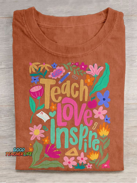 Teach Love Inspire Boho Teacher Floral Casual Print T-shirt