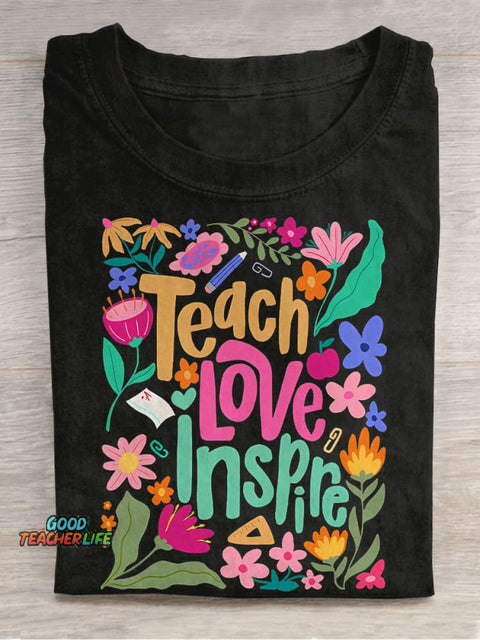 Teach Love Inspire Boho Teacher Floral Casual Print T-shirt