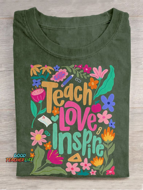 Teach Love Inspire Boho Teacher Floral Casual Print T-shirt