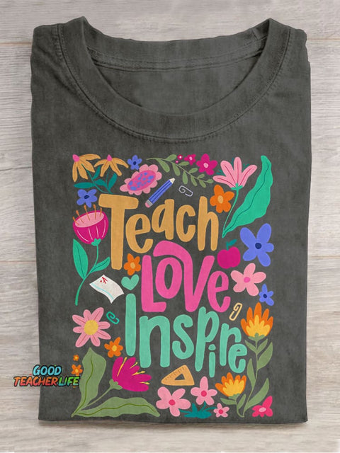 Teach Love Inspire Boho Teacher Floral Casual Print T-shirt