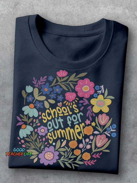 Last Day Of School School's Out for Summer Flowers Casual Print T-shirt