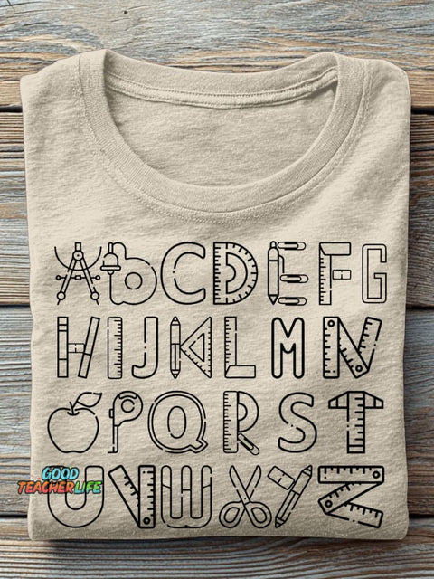 Alphabet Doodle First Grade Kindergarten Teacher Casual Print T-shirt