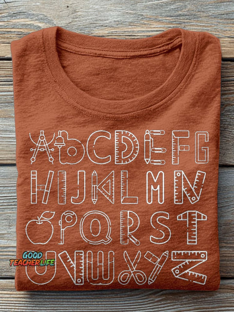 Alphabet Doodle First Grade Kindergarten Teacher Casual Print T-shirt
