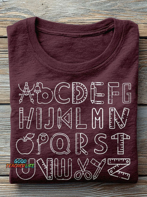 Alphabet Doodle First Grade Kindergarten Teacher Casual Print T-shirt