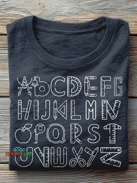 Alphabet Doodle First Grade Kindergarten Teacher Casual Print T-shirt