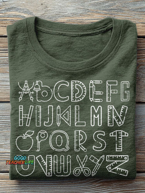 Alphabet Doodle First Grade Kindergarten Teacher Casual Print T-shirt