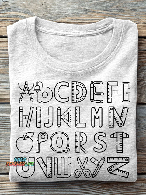 Alphabet Doodle First Grade Kindergarten Teacher Casual Print T-shirt
