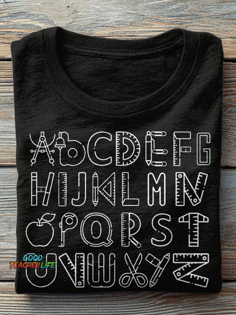 Alphabet Doodle First Grade Kindergarten Teacher Casual Print T-shirt