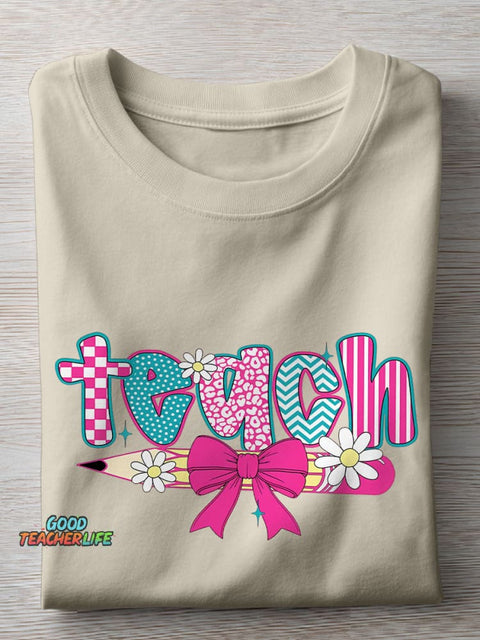 Coquette Bow Teach Pastel Teacher Casual Print T-shirt