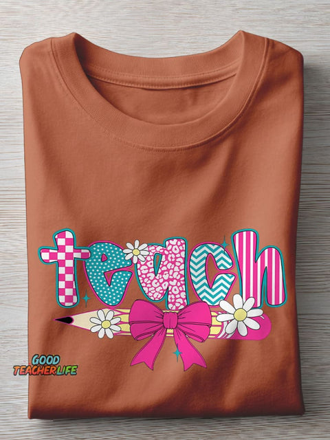 Coquette Bow Teach Pastel Teacher Casual Print T-shirt