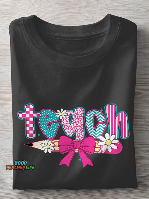 Coquette Bow Teach Pastel Teacher Casual Print T-shirt