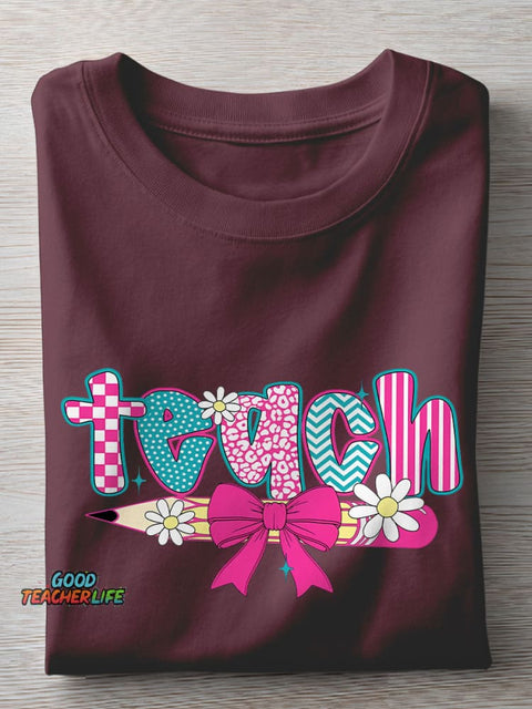 Coquette Bow Teach Pastel Teacher Casual Print T-shirt