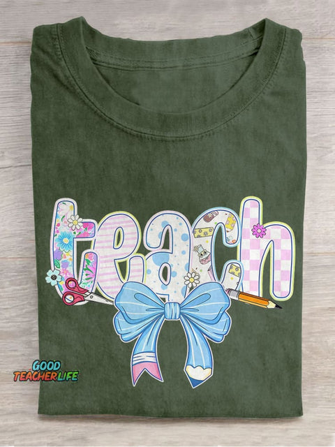 Floral Teacher Cute Spring Teach Trendy Teacher Bow Casual Print T-shirt