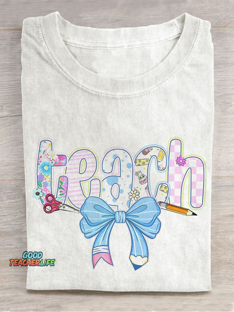 Floral Teacher Cute Spring Teach Trendy Teacher Bow Casual Print T-shirt