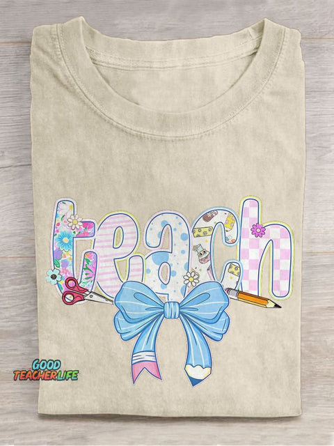 Floral Teacher Cute Spring Teach Trendy Teacher Bow Casual Print T-shirt