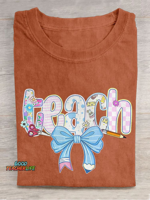 Floral Teacher Cute Spring Teach Trendy Teacher Bow Casual Print T-shirt