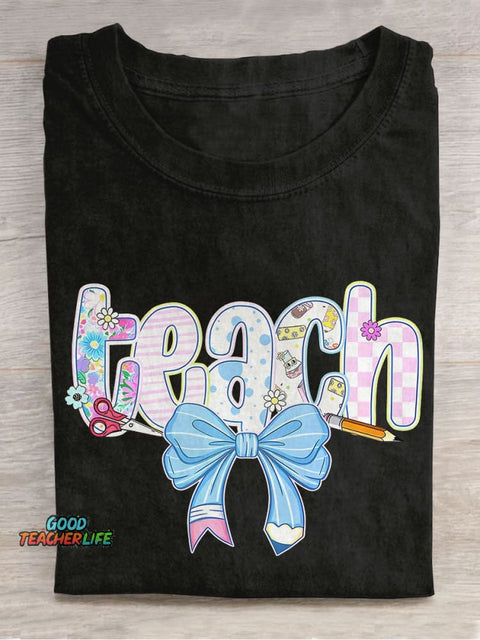 Floral Teacher Cute Spring Teach Trendy Teacher Bow Casual Print T-shirt