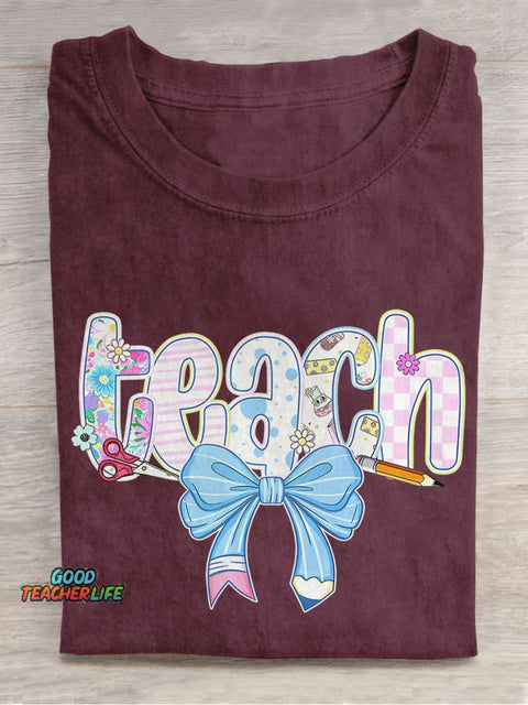Floral Teacher Cute Spring Teach Trendy Teacher Bow Casual Print T-shirt