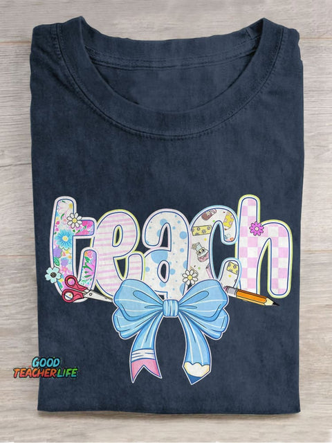 Floral Teacher Cute Spring Teach Trendy Teacher Bow Casual Print T-shirt
