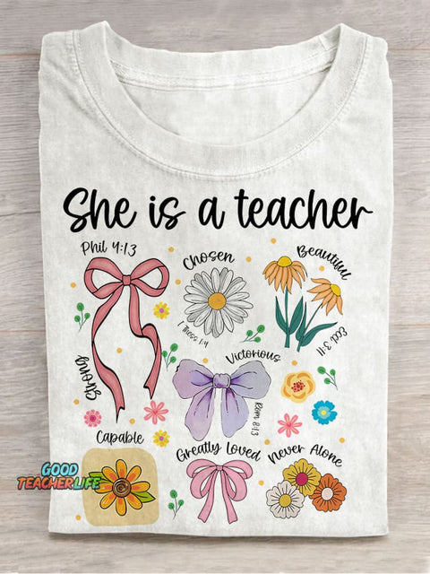 She Is A Teacher Boho Floral Preppy Teacher Casual Print T-shirt