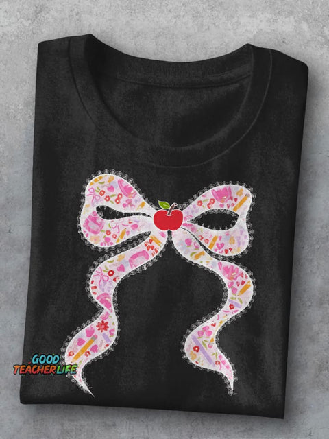 Lace Pink Back To School Coquette Preppy Teacher Bow Teacher Casual Print T-shirt