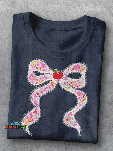 Lace Pink Back To School Coquette Preppy Teacher Bow Teacher Casual Print T-shirt